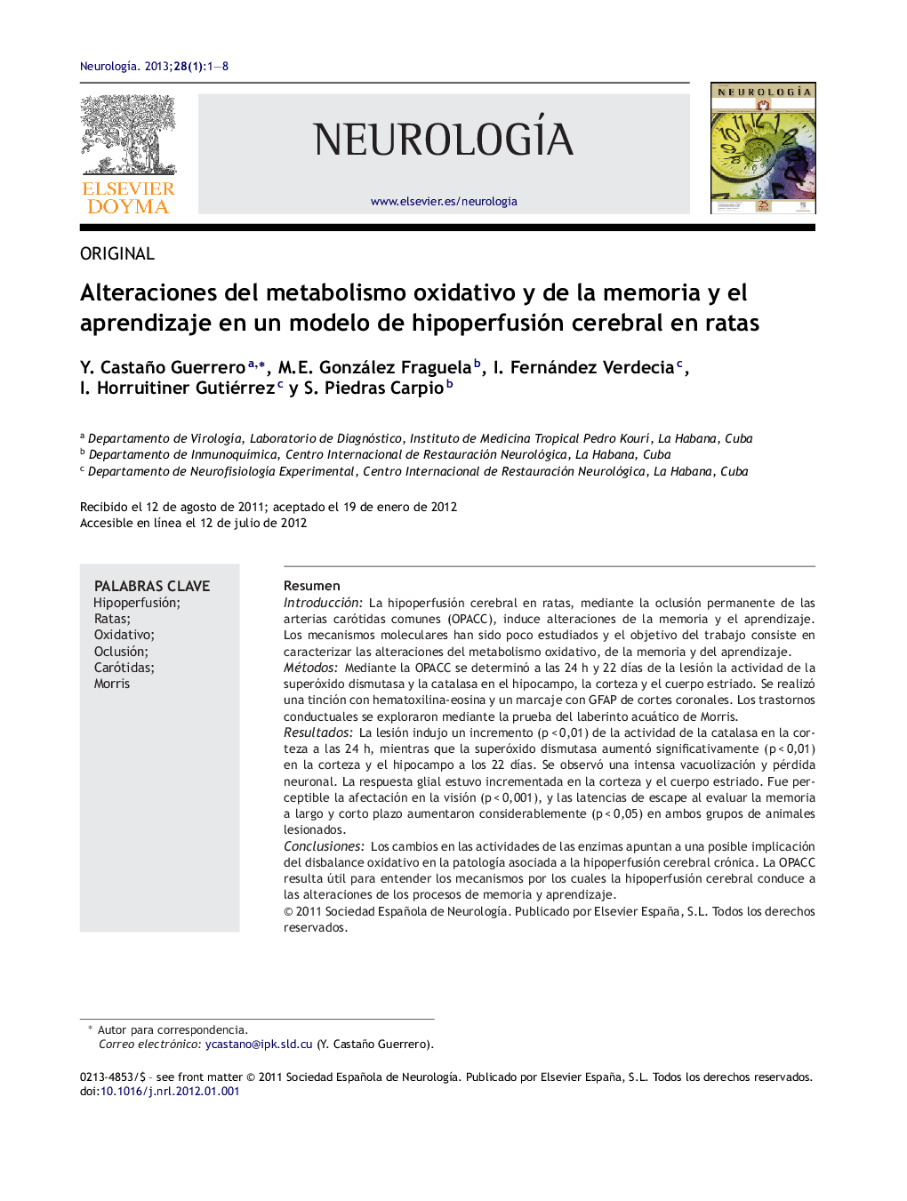 Alteraciones del metabolismo oxidativo y de la memoria y el aprendizaje en un modelo de hipoperfusión cerebral en ratas