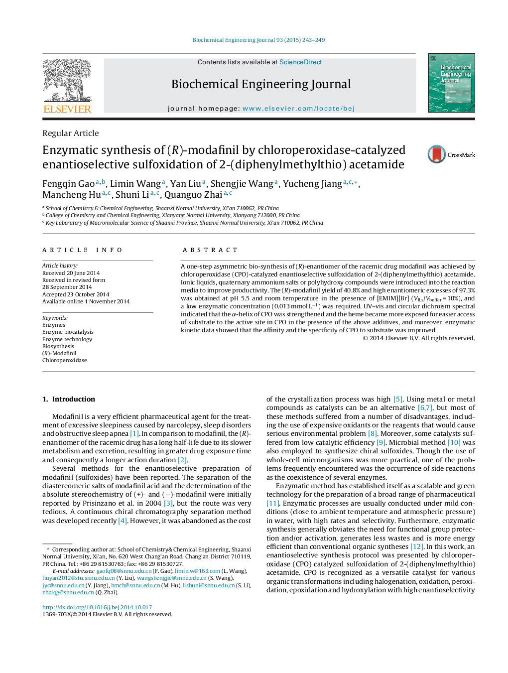 Enzymatic synthesis of (R)-modafinil by chloroperoxidase-catalyzed enantioselective sulfoxidation of 2-(diphenylmethylthio) acetamide