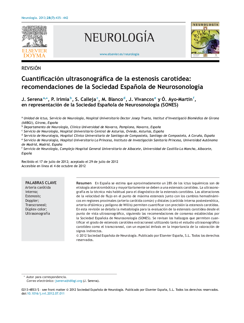 Cuantificación ultrasonográfica de la estenosis carotídea: recomendaciones de la Sociedad Española de Neurosonología