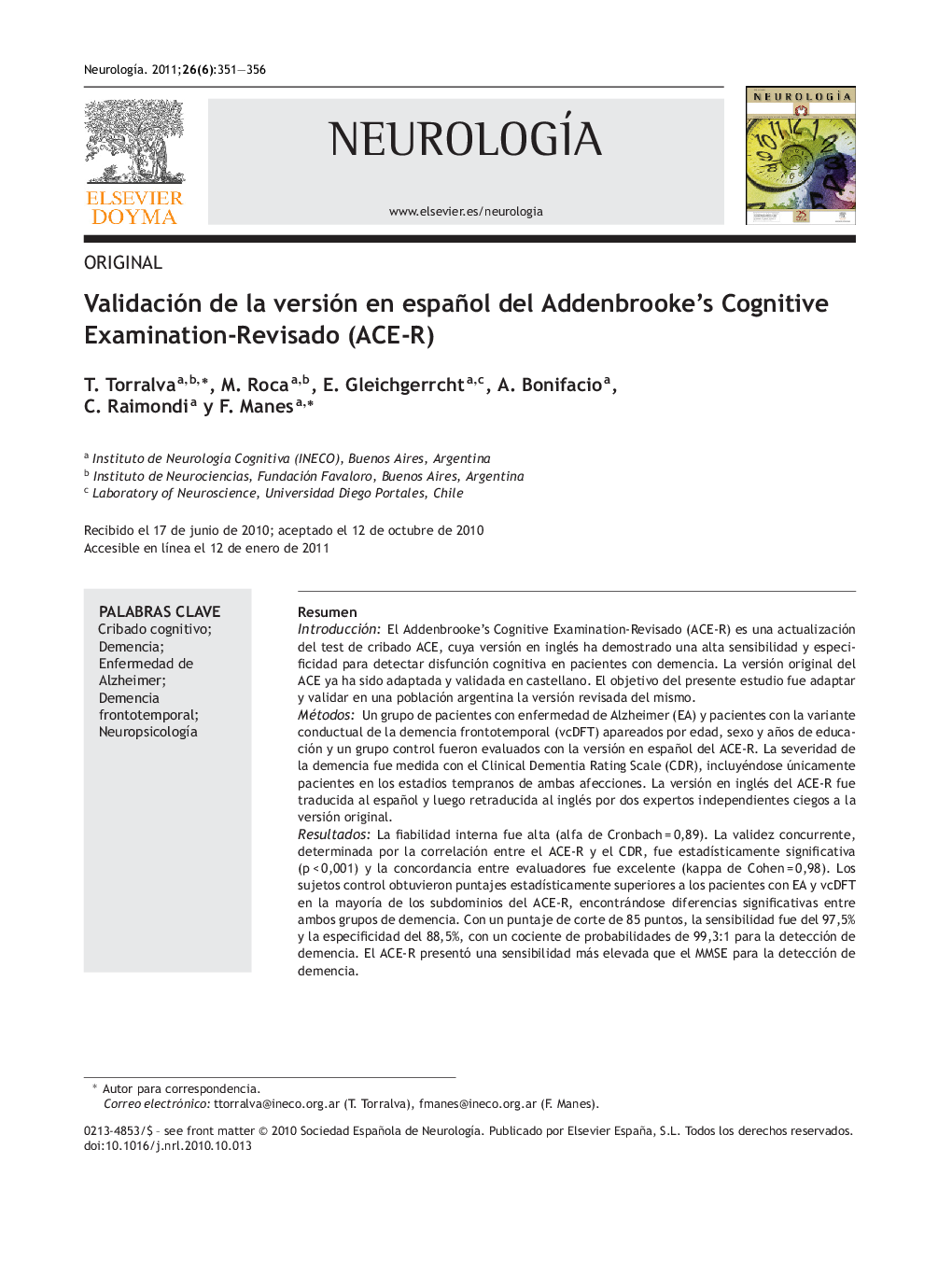 Validación de la versión en español del Addenbrooke's Cognitive Examination-Revisado (ACE-R)