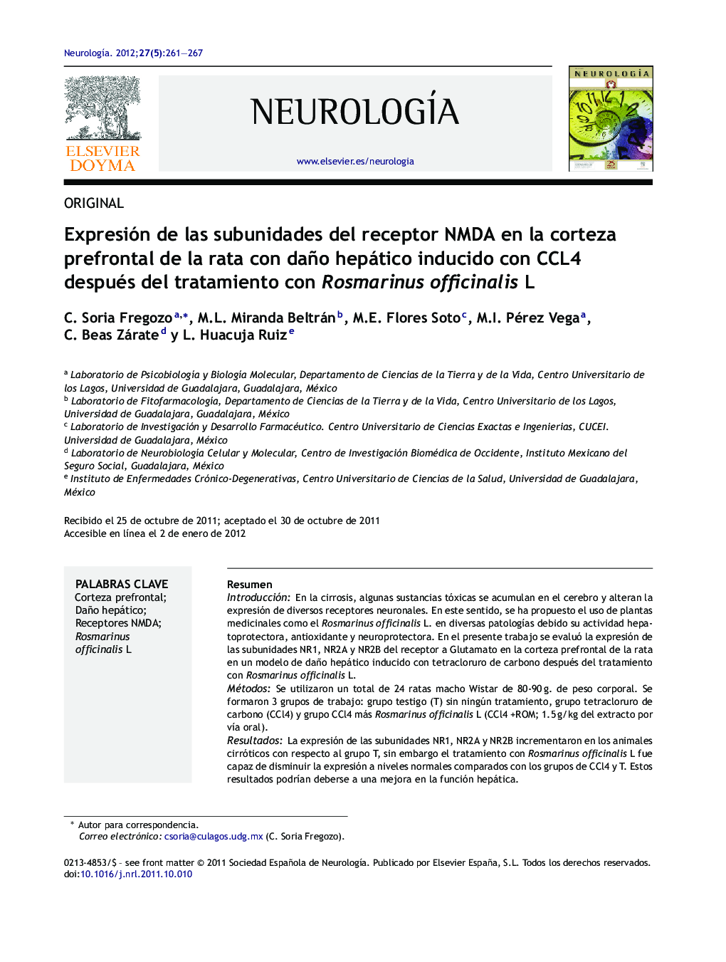 Expresión de las subunidades del receptor NMDA en la corteza prefrontal de la rata con daño hepático inducido con CCL4 después del tratamiento con Rosmarinus officinalis L