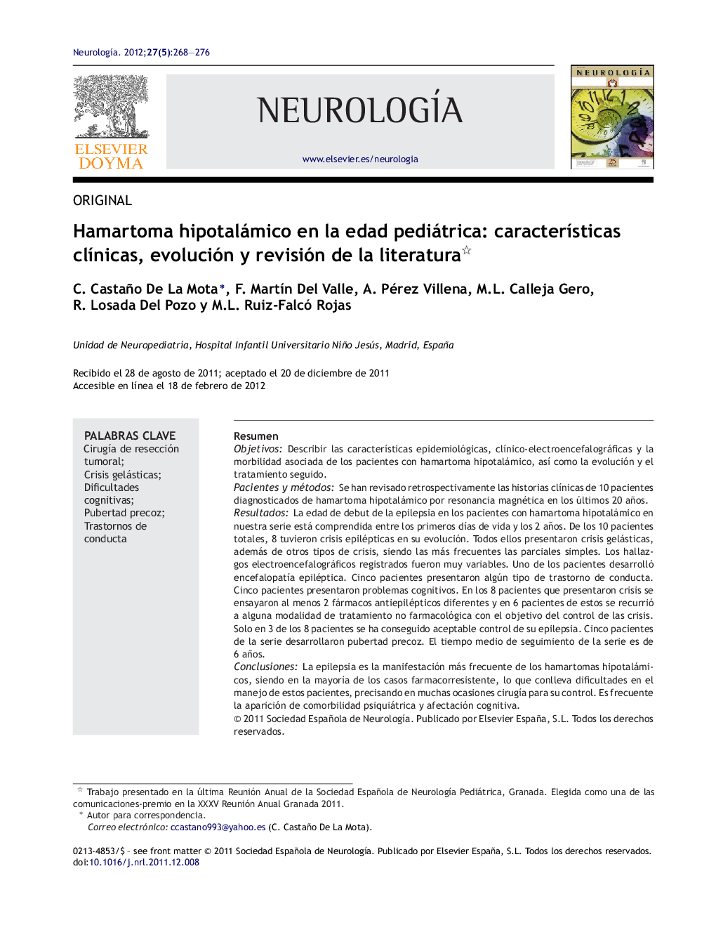 Hamartoma hipotalámico en la edad pediátrica: características clínicas, evolución y revisión de la literatura 
