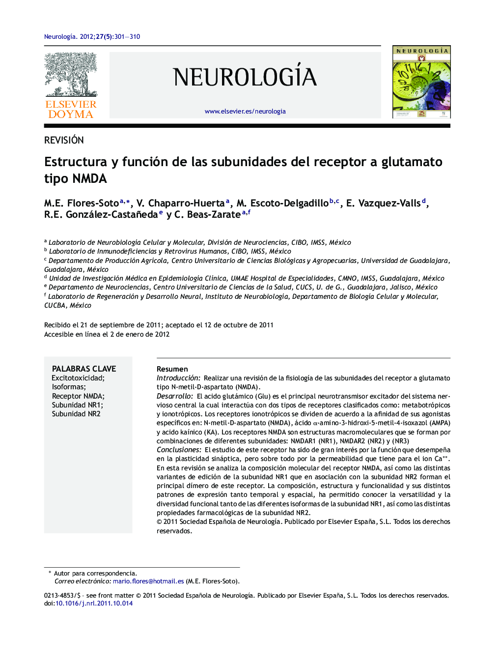 Estructura y función de las subunidades del receptor a glutamato tipo NMDA