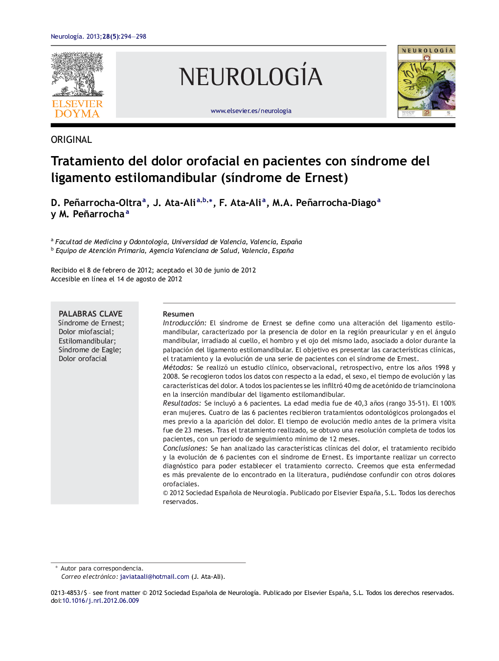 Tratamiento del dolor orofacial en pacientes con sÃ­ndrome del ligamento estilomandibular (sÃ­ndrome de Ernest)