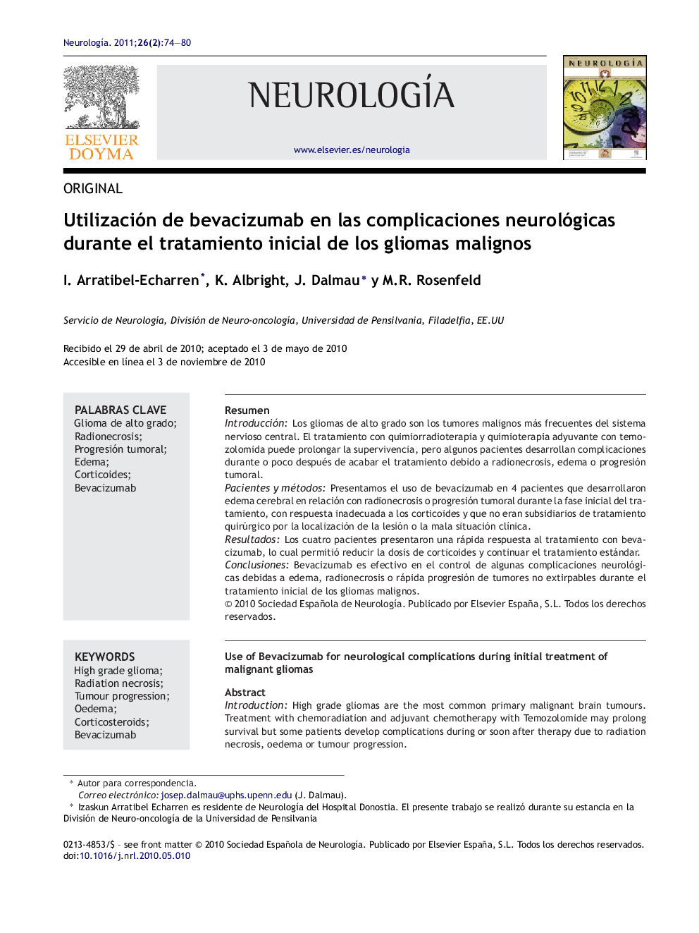 Utilización de bevacizumab en las complicaciones neurológicas durante el tratamiento inicial de los gliomas malignos