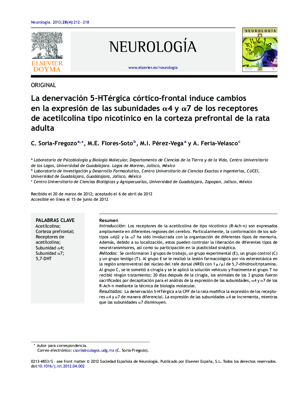 La denervación 5-HTérgica córtico-frontal induce cambios en la expresión de las subunidades Î±4 y Î±7 de los receptores de acetilcolina tipo nicotÃ­nico en la corteza prefrontal de la rata adulta