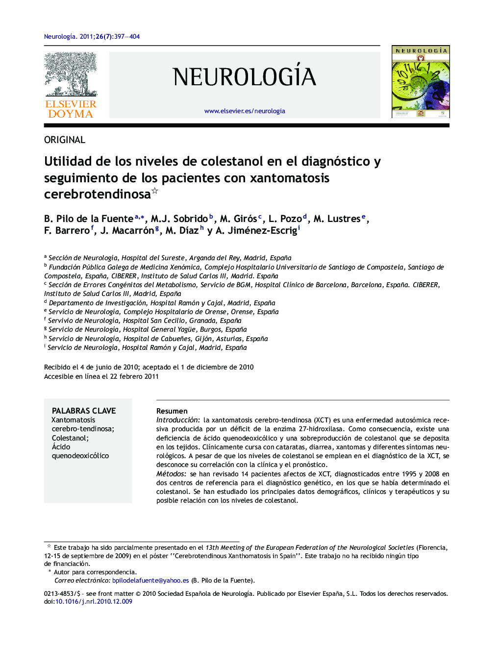 Utilidad de los niveles de colestanol en el diagnóstico y seguimiento de los pacientes con xantomatosis cerebrotendinosa 