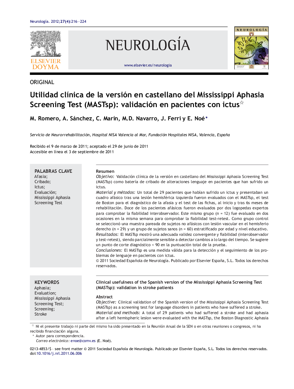 Utilidad clínica de la versión en castellano del Mississippi Aphasia Screening Test (MASTsp): validación en pacientes con ictus 