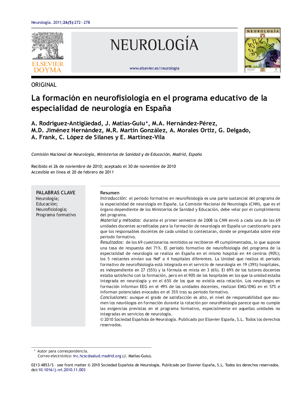 La formación en neurofisiologÃ­a en el programa educativo de la especialidad de neurologÃ­a en España