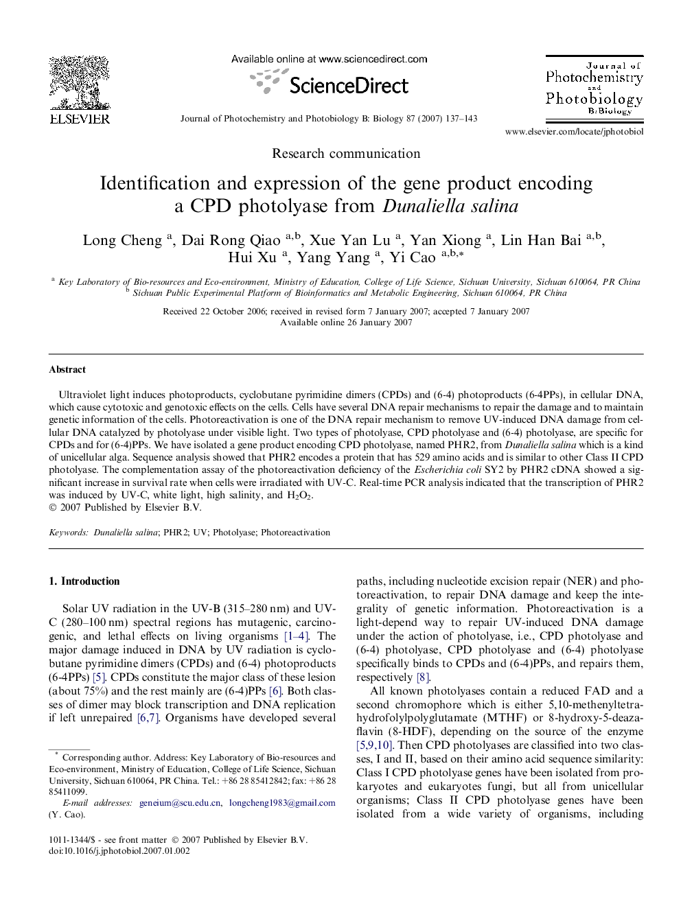 Identification and expression of the gene product encoding a CPD photolyase from Dunaliella salina