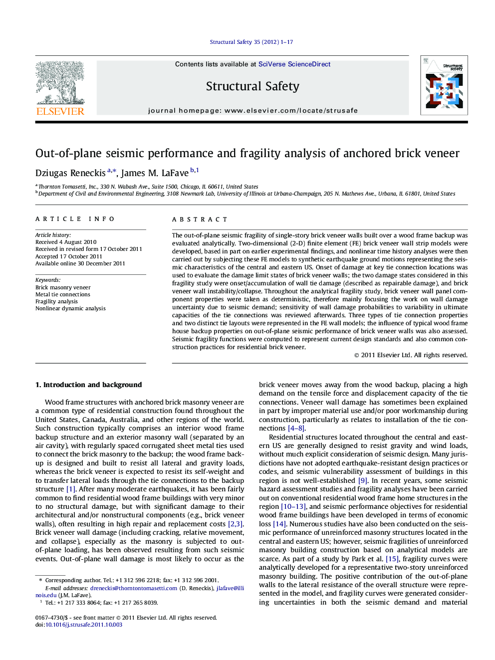 Out-of-plane seismic performance and fragility analysis of anchored brick veneer