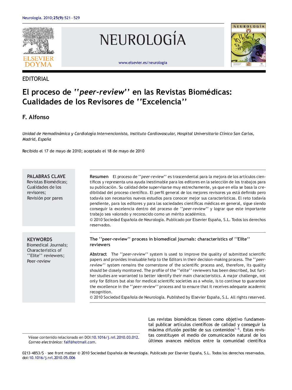 El proceso de “peer-review” en las Revistas Biomédicas: Cualidades de los Revisores de “Excelencia”