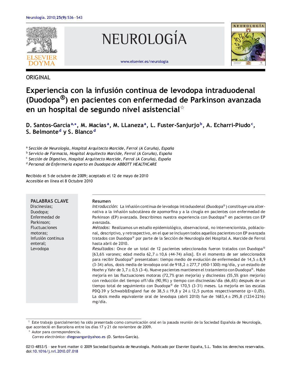 Experiencia con la infusión continua de levodopa intraduodenal (Duodopa®) en pacientes con enfermedad de Parkinson avanzada en un hospital de segundo nivel asistencial