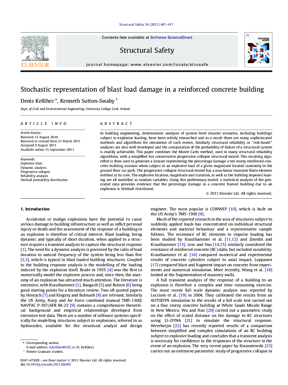 Stochastic representation of blast load damage in a reinforced concrete building