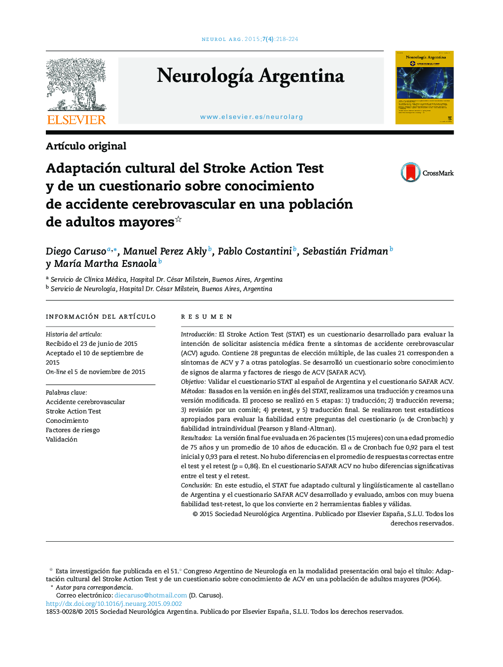 Adaptación cultural del Stroke Action Test y de un cuestionario sobre conocimiento de accidente cerebrovascular en una población de adultos mayores