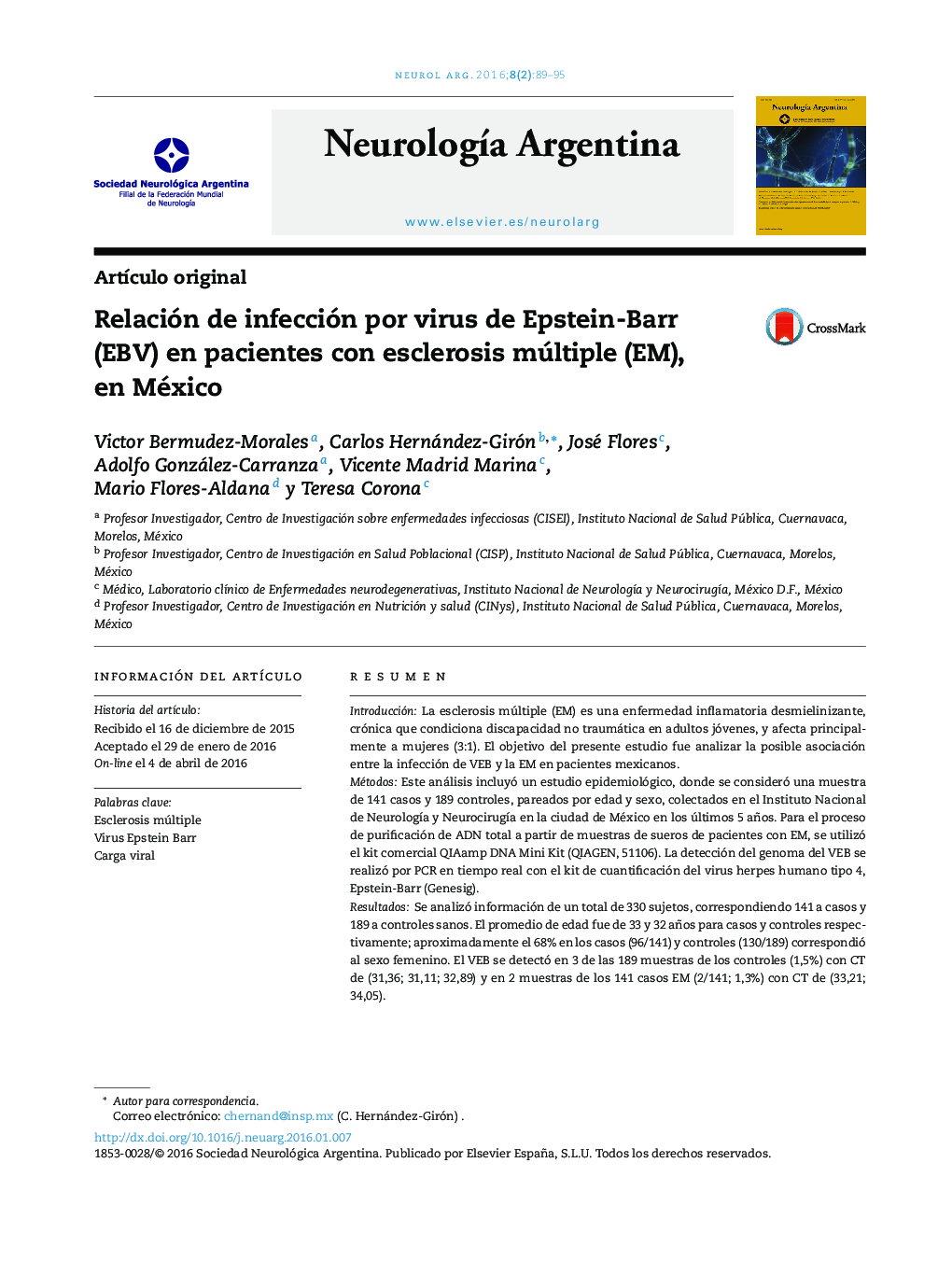 Relación de infección por virus de Epstein-Barr (EBV) en pacientes con esclerosis múltiple (EM), en México