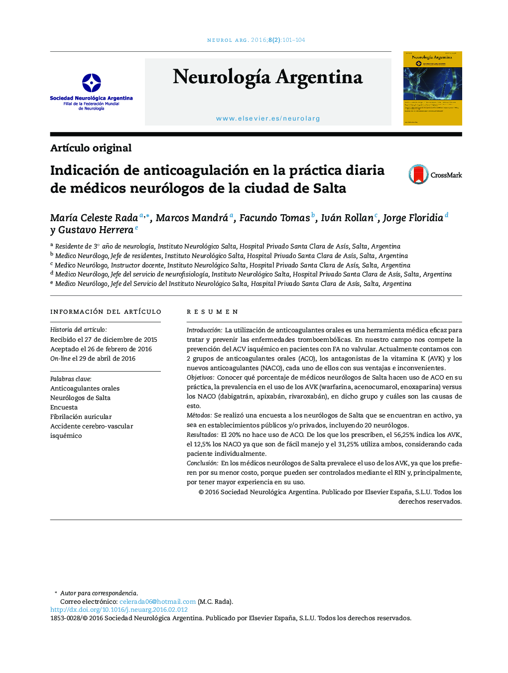 Indicación de anticoagulación en la práctica diaria de médicos neurólogos de la ciudad de Salta