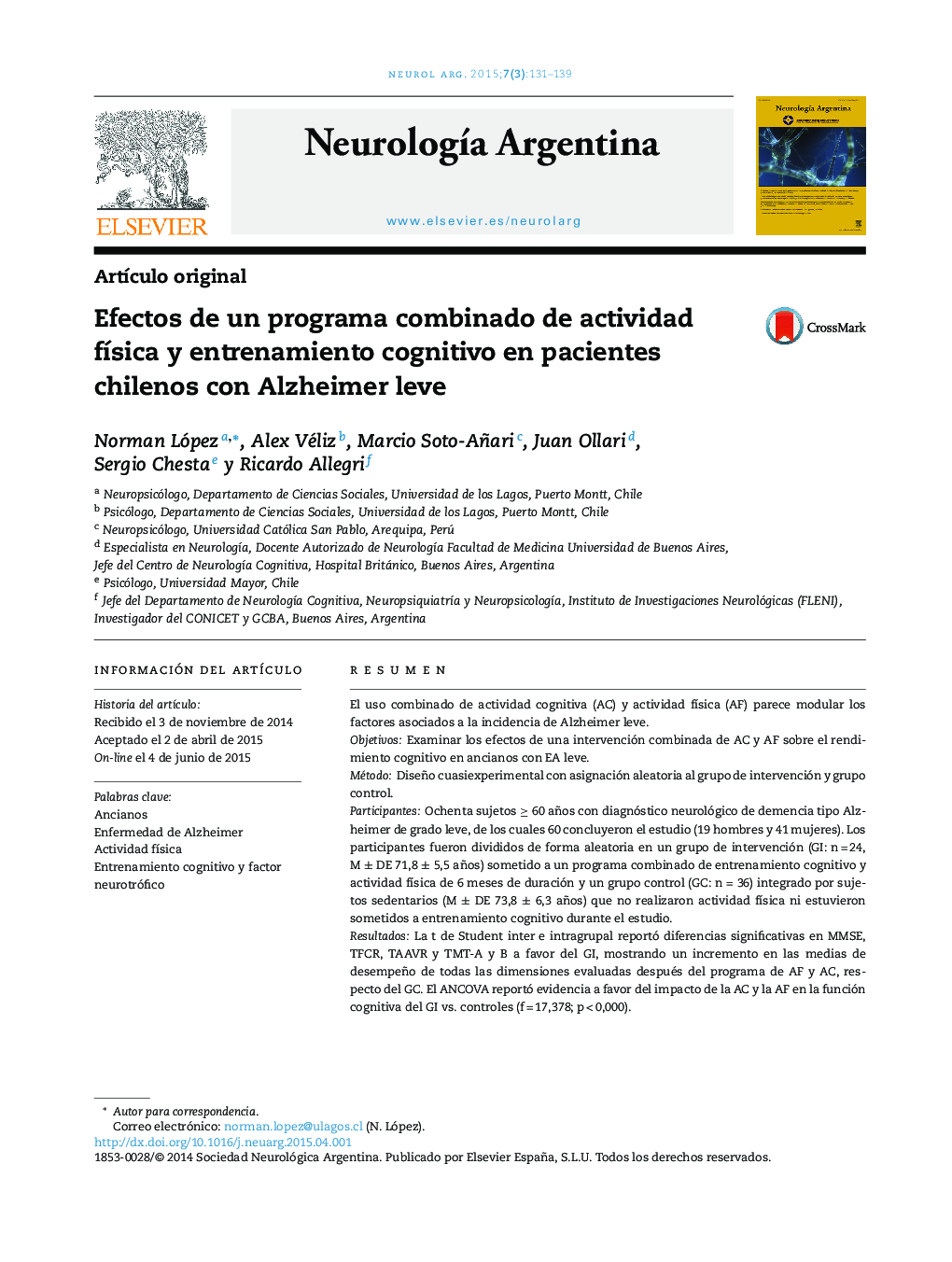 Efectos de un programa combinado de actividad física y entrenamiento cognitivo en pacientes chilenos con Alzheimer leve