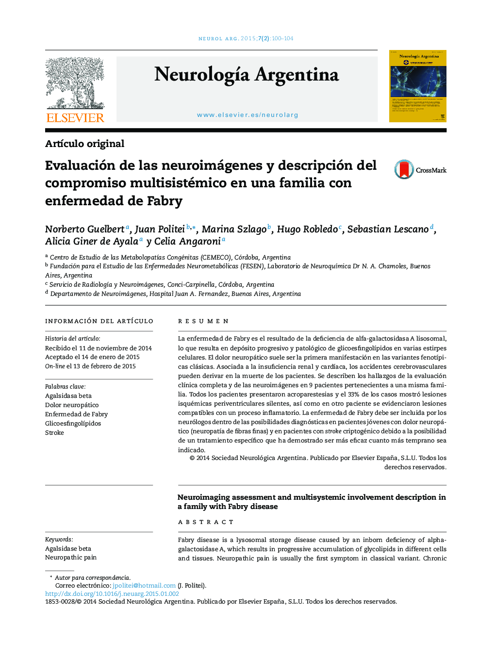 Evaluación de las neuroimágenes y descripción del compromiso multisistémico en una familia con enfermedad de Fabry