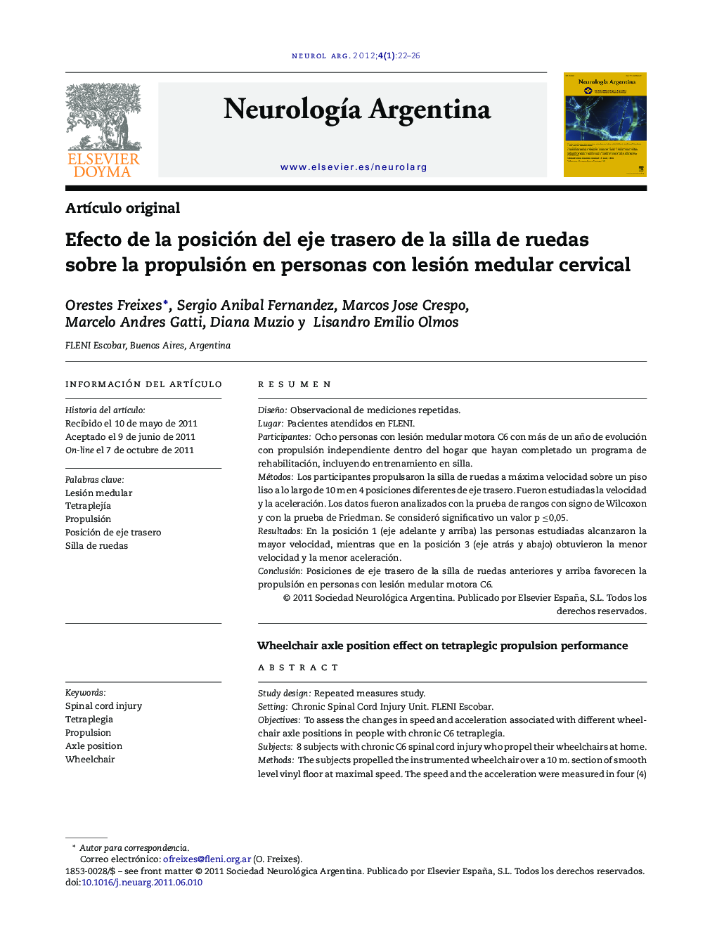 Efecto de la posición del eje trasero de la silla de ruedas sobre la propulsión en personas con lesión medular cervical