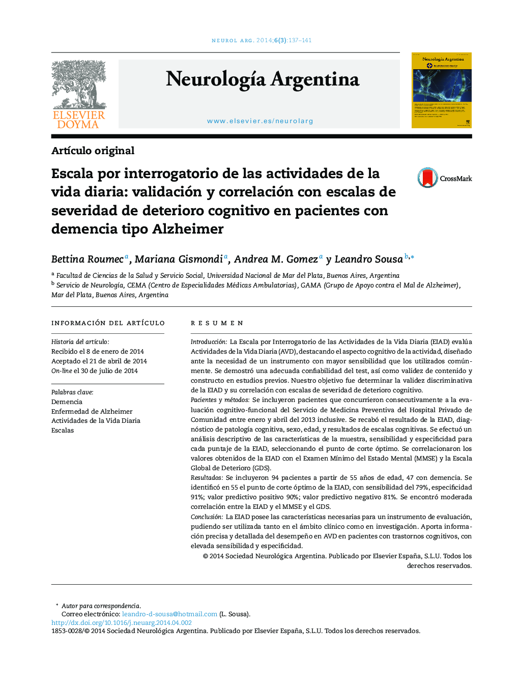 Escala por interrogatorio de las actividades de la vida diaria: validación y correlación con escalas de severidad de deterioro cognitivo en pacientes con demencia tipo Alzheimer