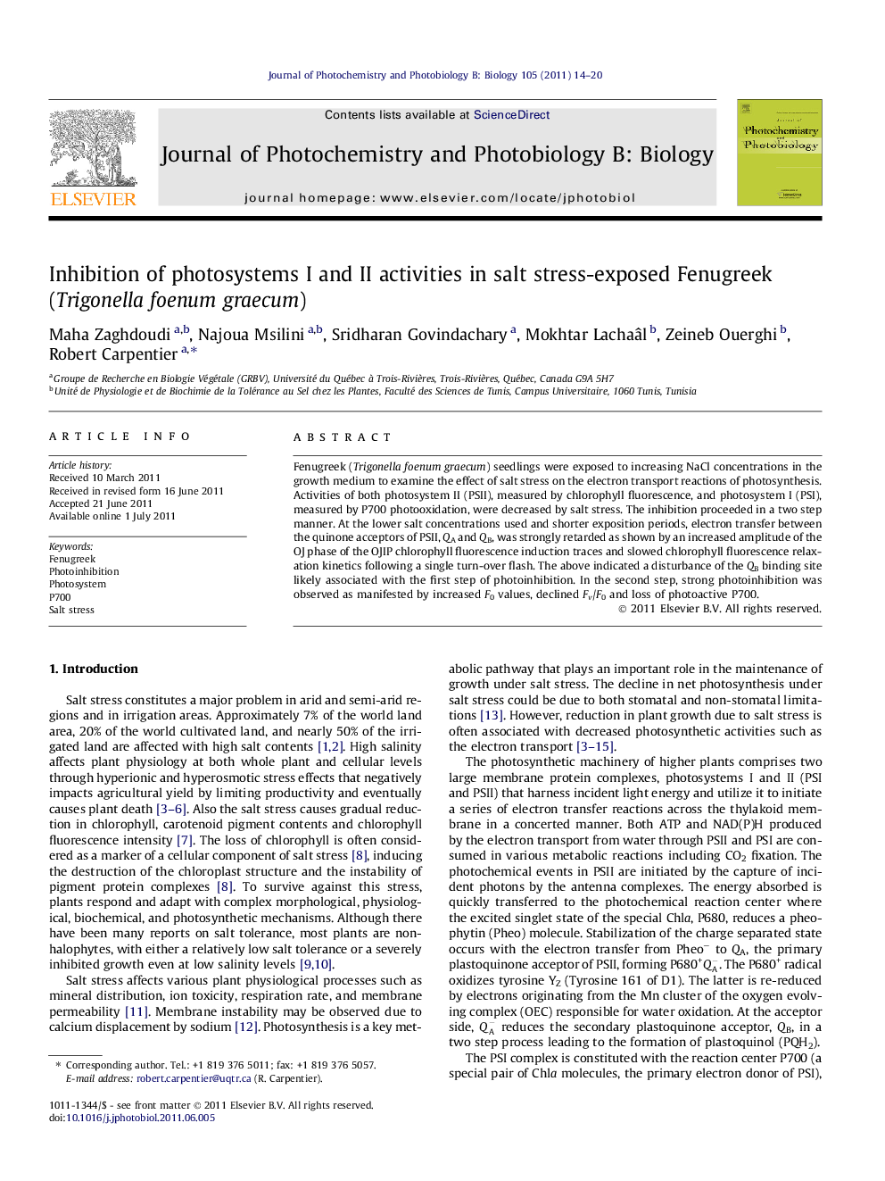 Inhibition of photosystems I and II activities in salt stress-exposed Fenugreek (Trigonella foenum graecum)