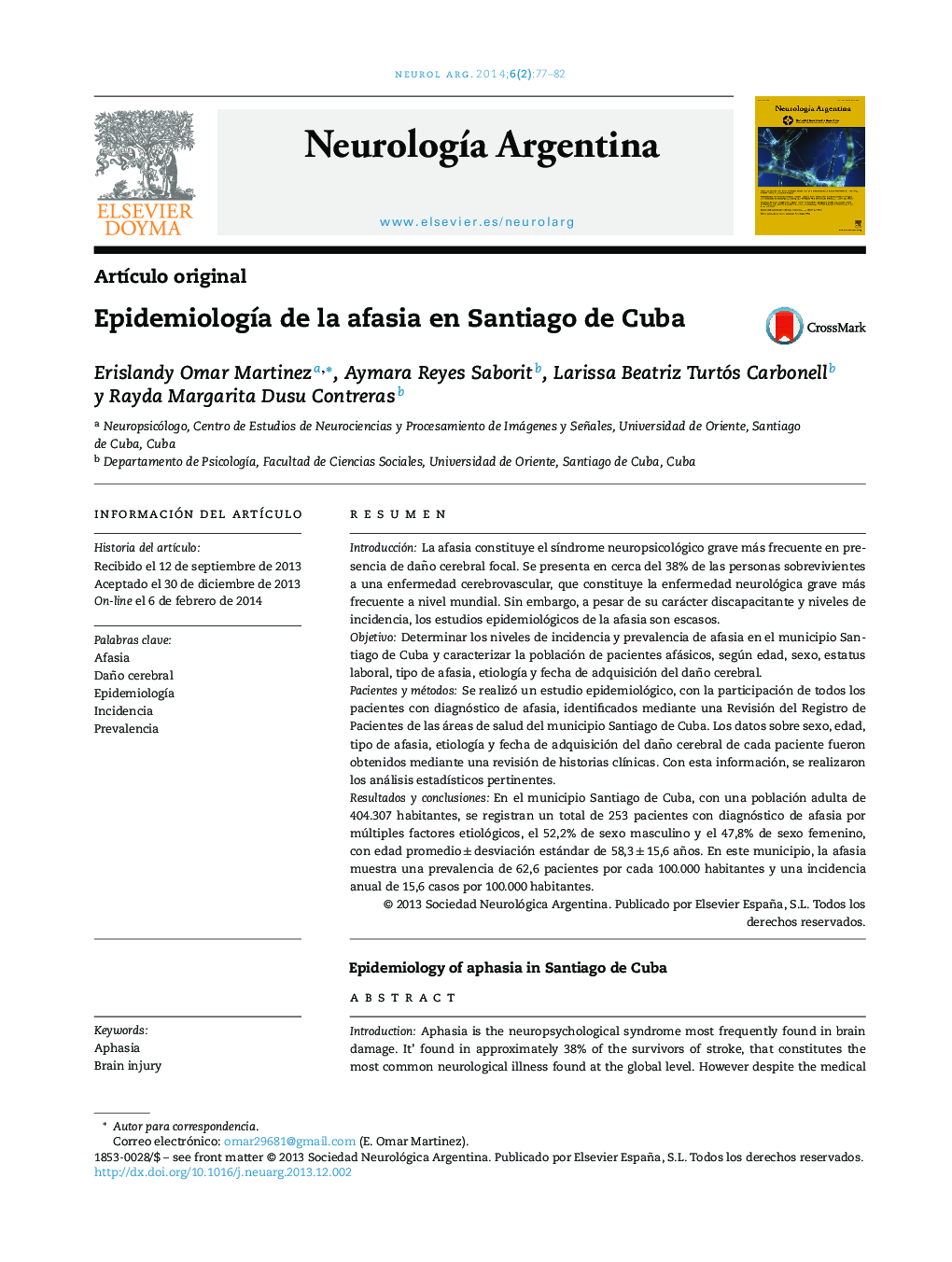 Epidemiología de la afasia en Santiago de Cuba
