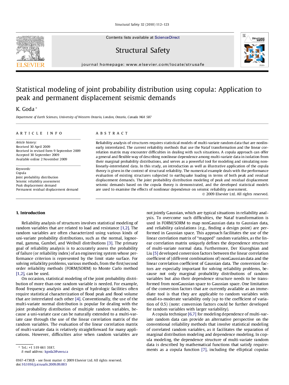 Statistical modeling of joint probability distribution using copula: Application to peak and permanent displacement seismic demands