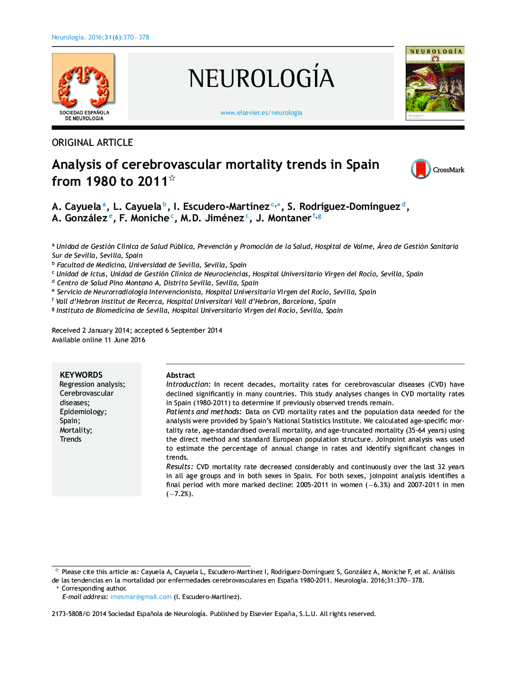 Analysis of cerebrovascular mortality trends in Spain from 1980 to 2011 