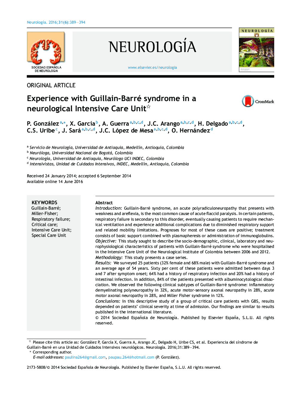 Experience with Guillain-Barré syndrome in a neurological Intensive Care Unit 