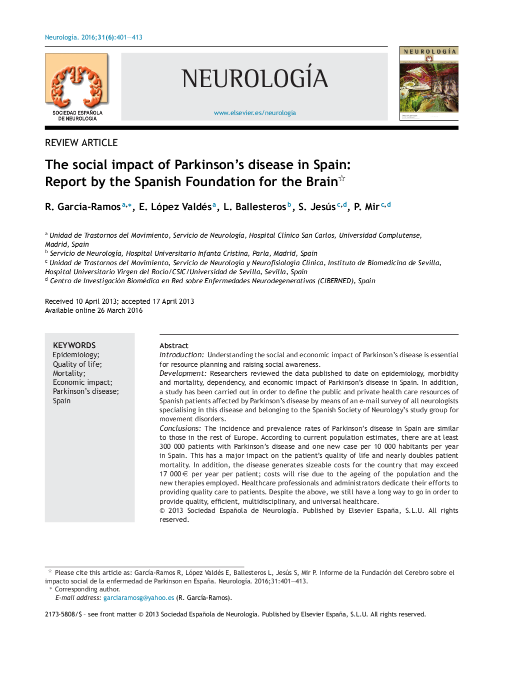 The social impact of Parkinson's disease in Spain: Report by the Spanish Foundation for the Brain 