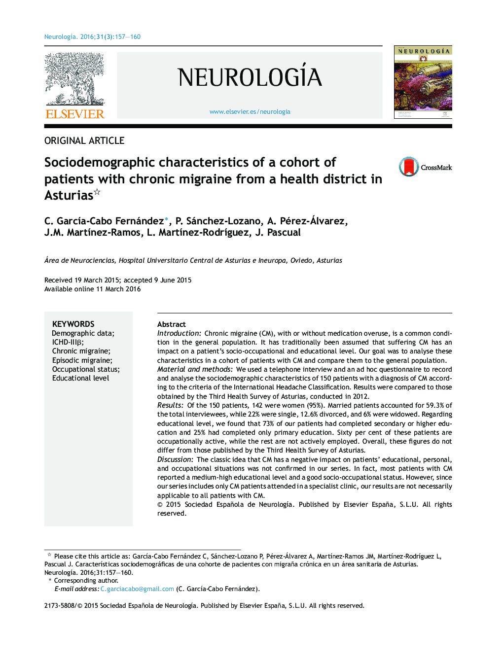 Sociodemographic characteristics of a cohort of patients with chronic migraine from a health district in Asturias