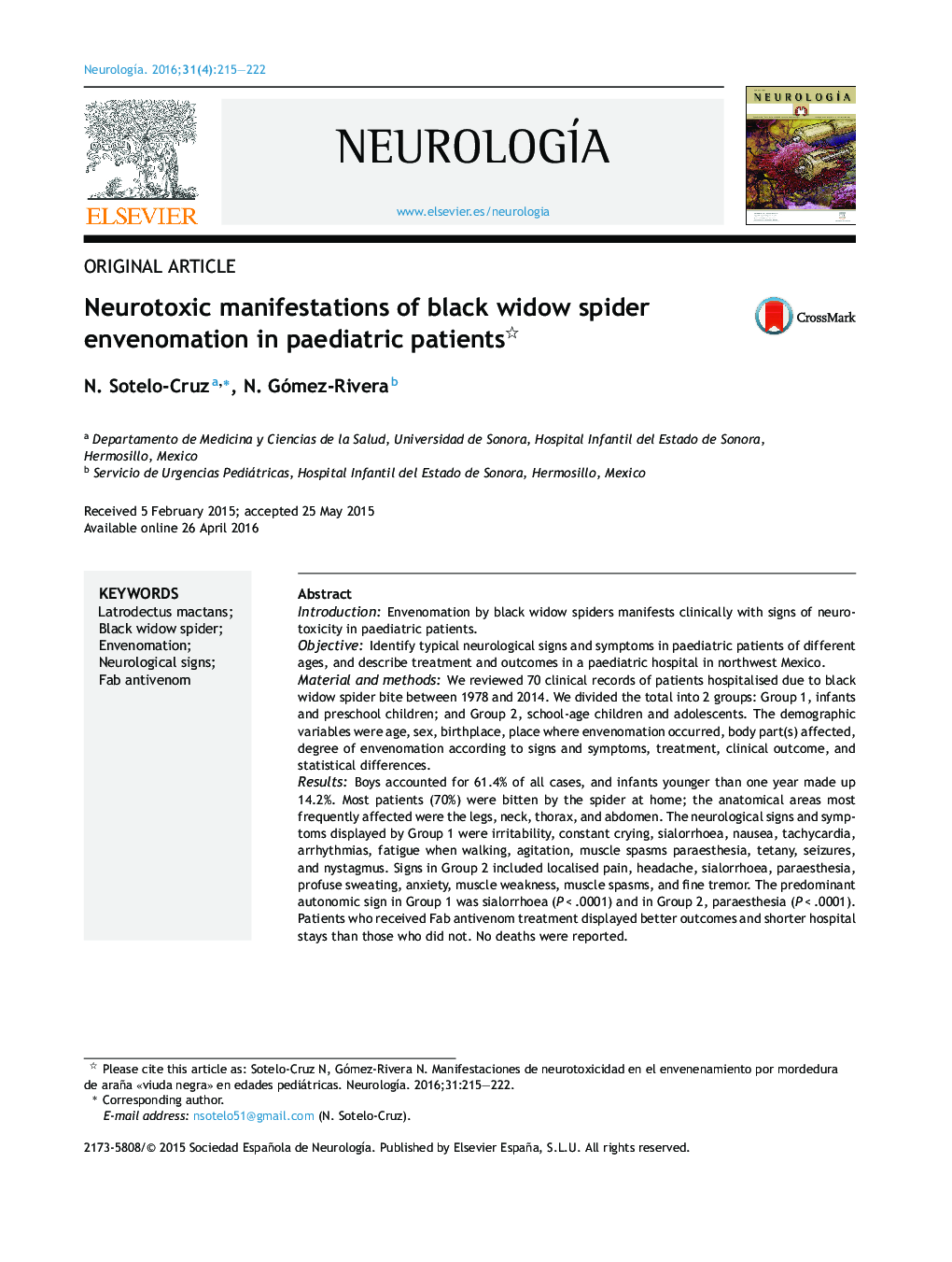 Neurotoxic manifestations of black widow spider envenomation in paediatric patients 