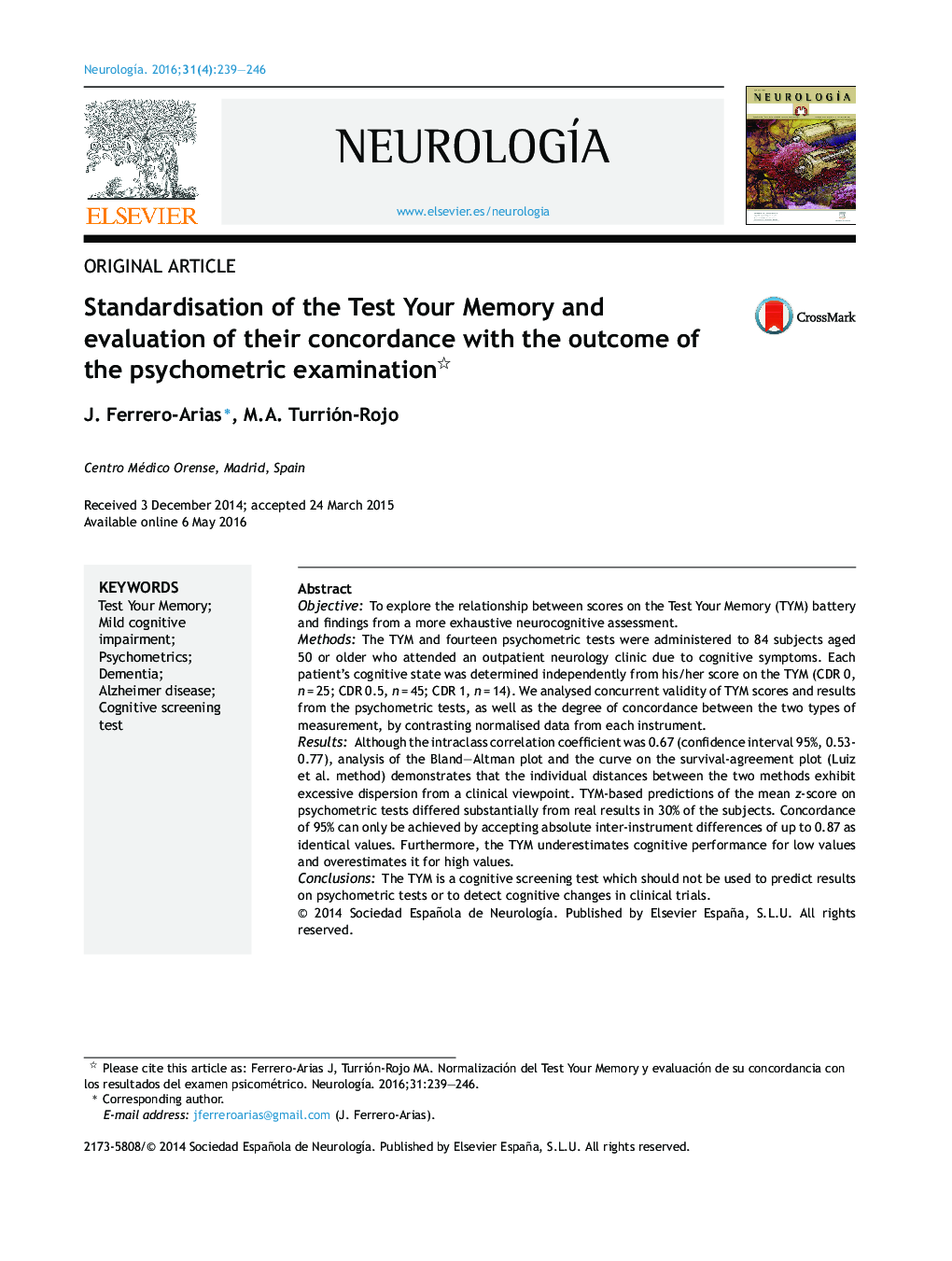 Standardisation of the Test Your Memory and evaluation of their concordance with the outcome of the psychometric examination 