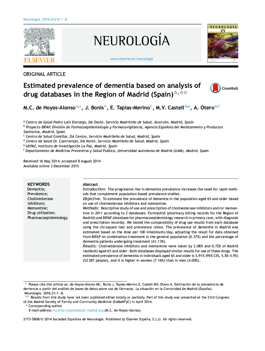 Estimated prevalence of dementia based on analysis of drug databases in the Region of Madrid (Spain) 