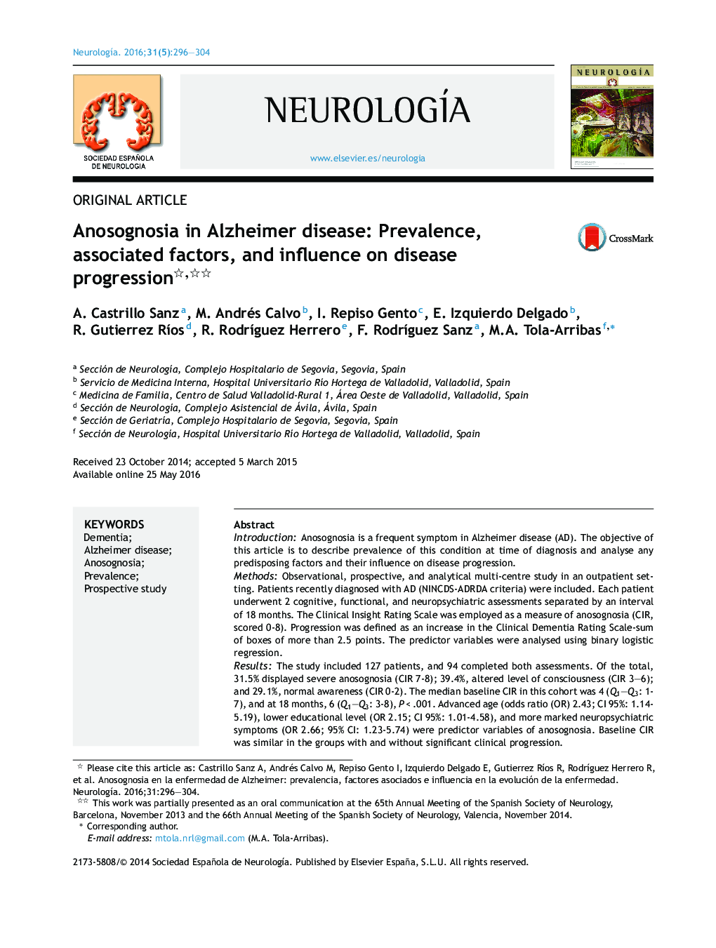 Anosognosia in Alzheimer disease: Prevalence, associated factors, and influence on disease progression 