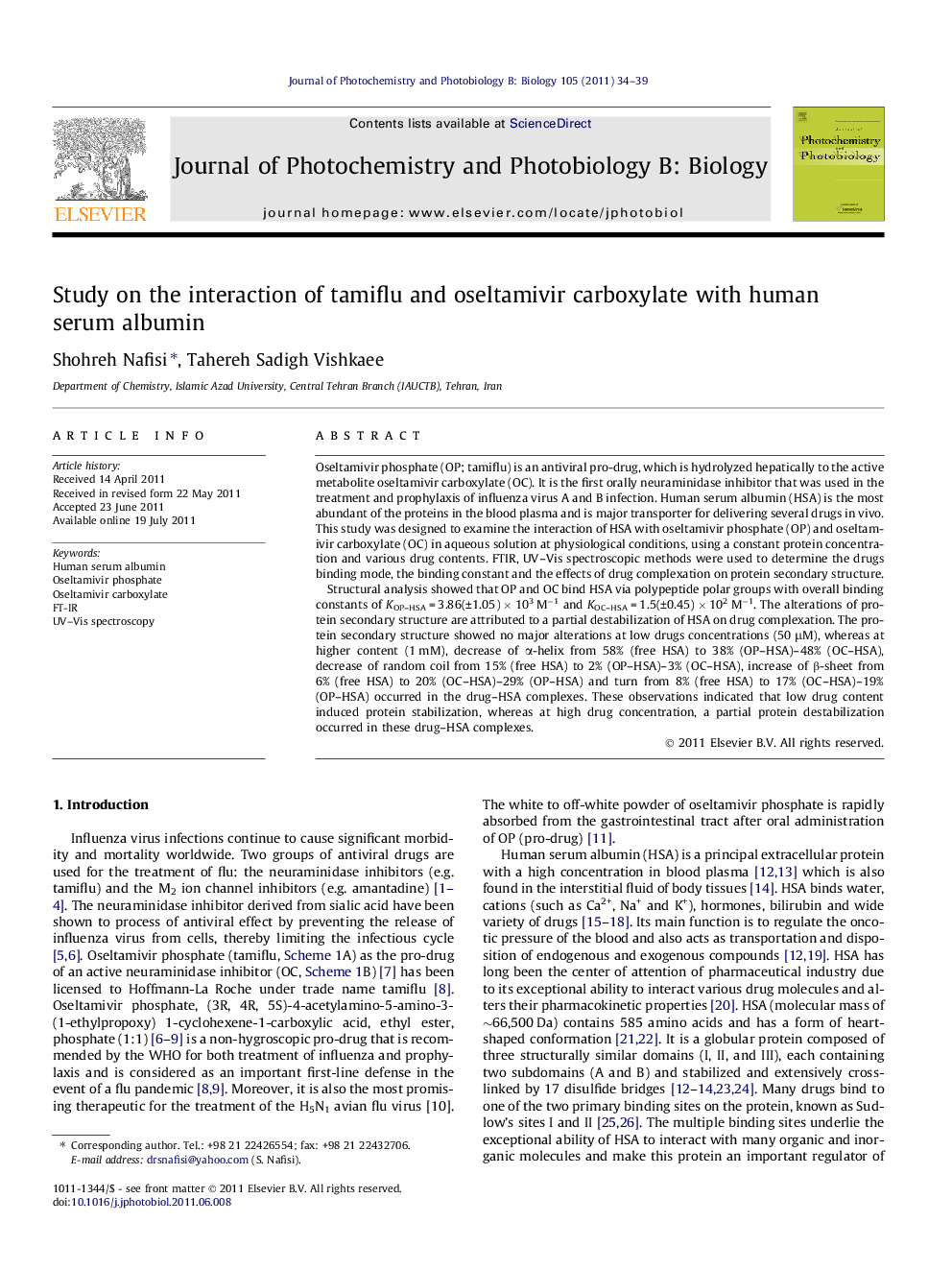 Study on the interaction of tamiflu and oseltamivir carboxylate with human serum albumin