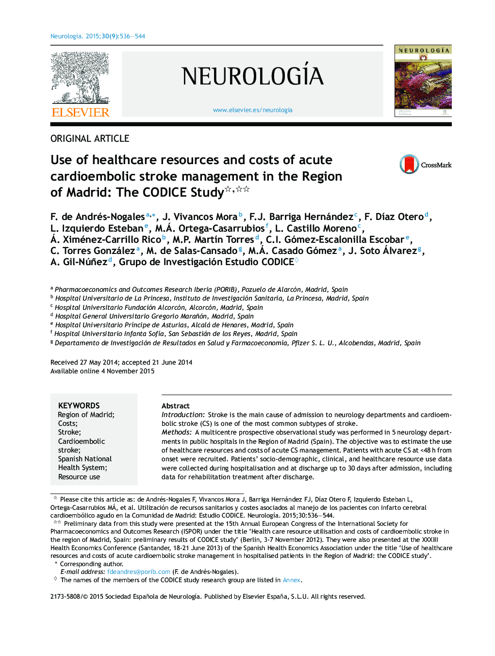 Use of healthcare resources and costs of acute cardioembolic stroke management in the Region of Madrid: The CODICE Study 