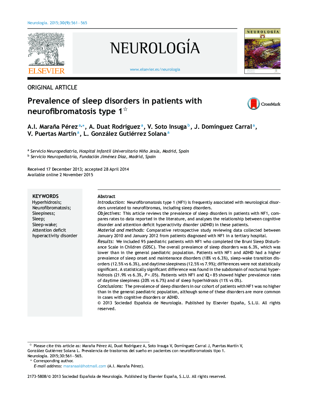 Prevalence of sleep disorders in patients with neurofibromatosis type 1 