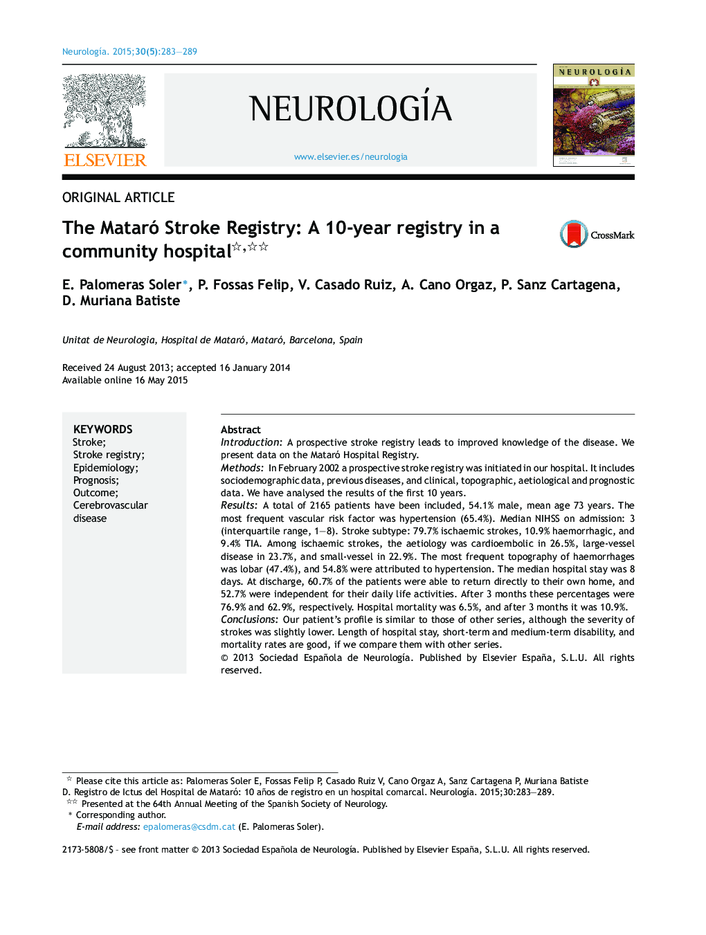 The Mataró Stroke Registry: A 10-year registry in a community hospital