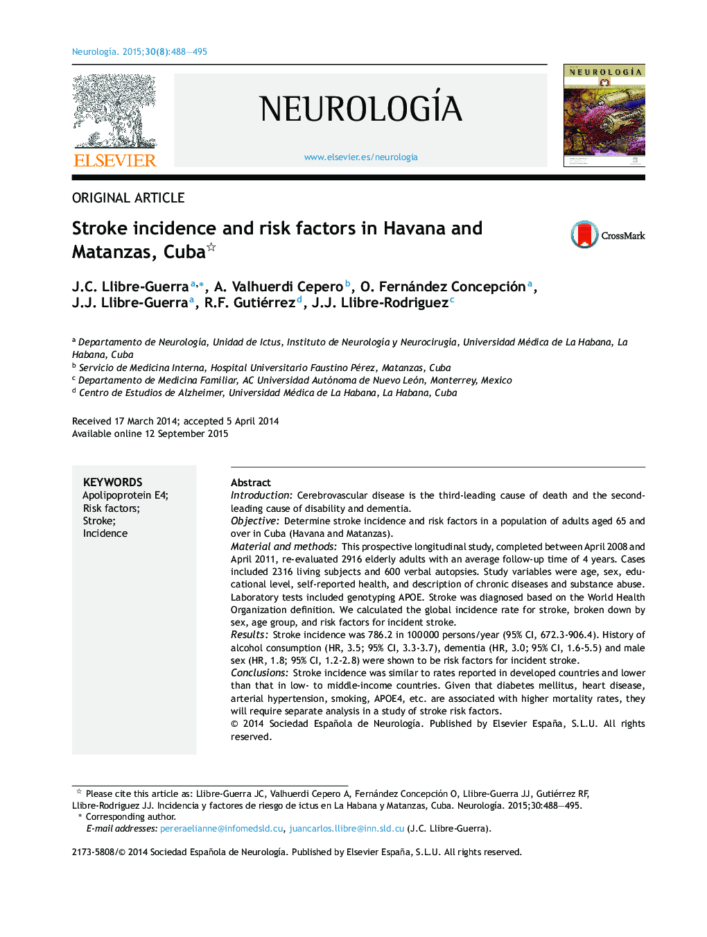 Stroke incidence and risk factors in Havana and Matanzas, Cuba 