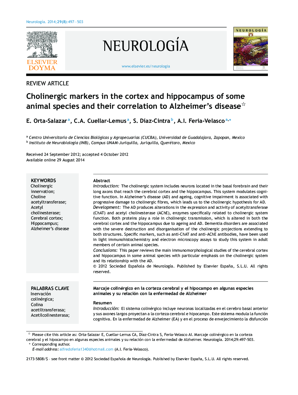 Cholinergic markers in the cortex and hippocampus of some animal species and their correlation to Alzheimer's disease