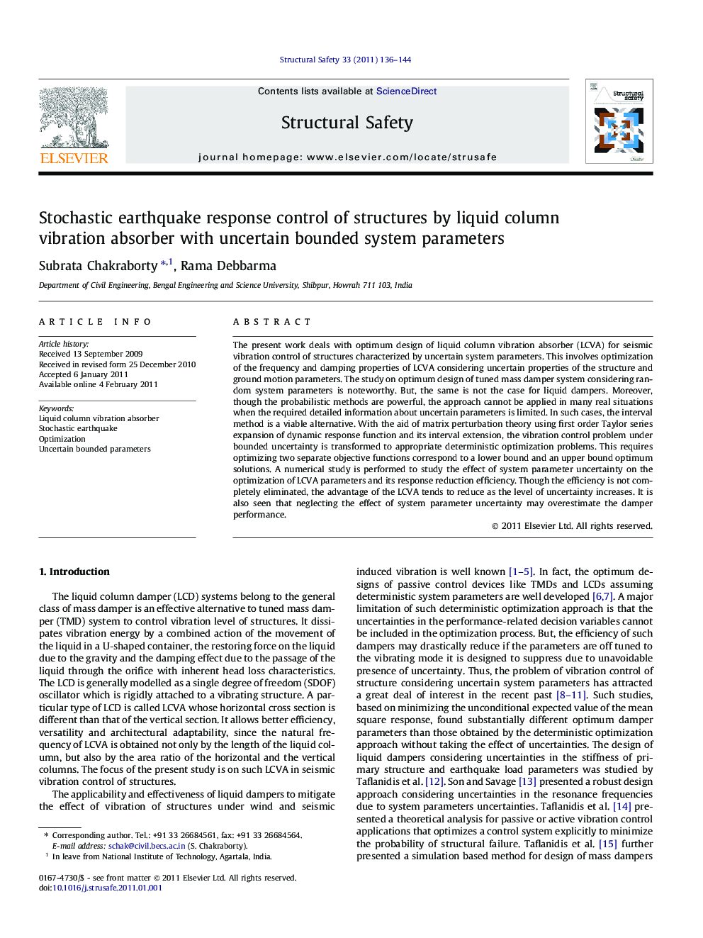 عکس صفحه اول مقاله: Stochastic earthquake response control of structures by liquid column vibration absorber with uncertain bounded system parameters Stochastic earthquake response control of structures by liquid column vibration absorber with uncertain bounded system parameters
