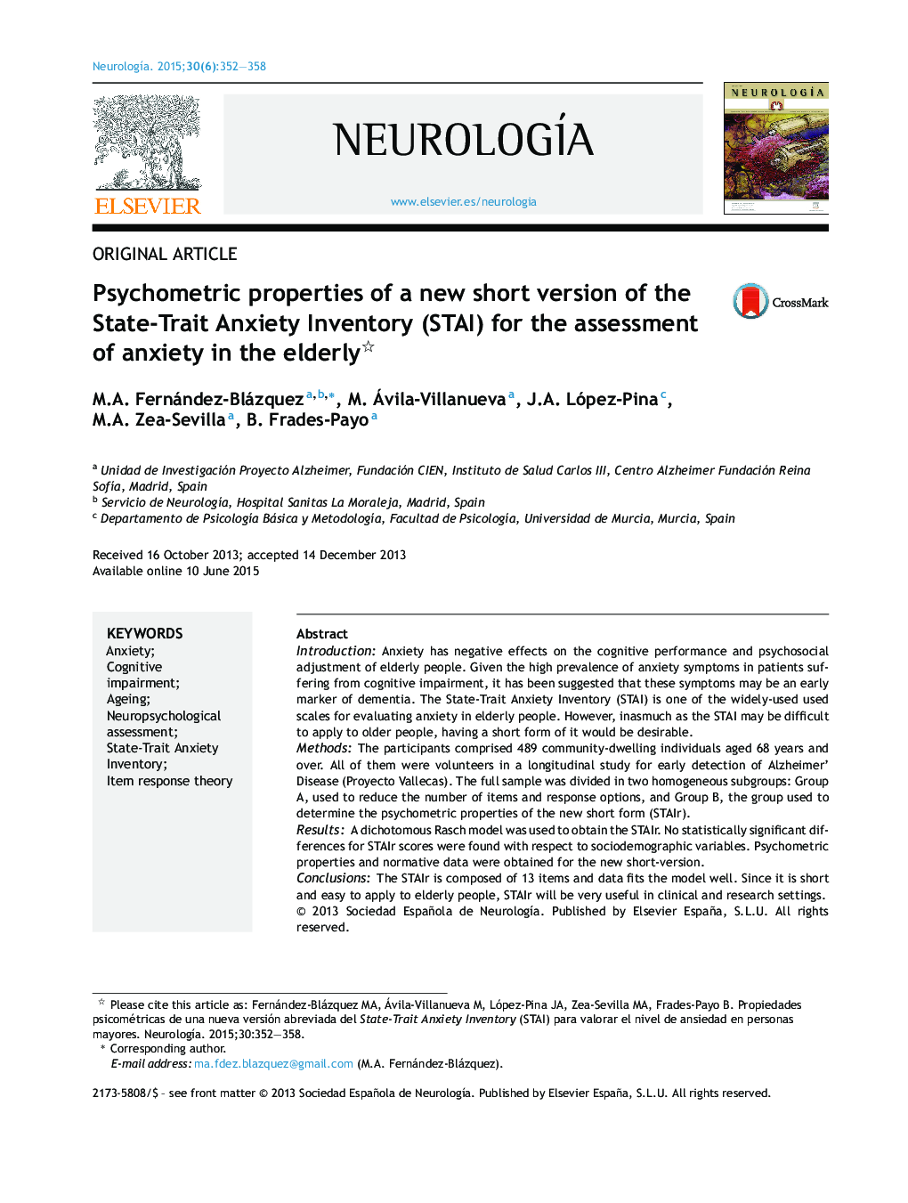 Psychometric properties of a new short version of the State-Trait Anxiety Inventory (STAI) for the assessment of anxiety in the elderly 