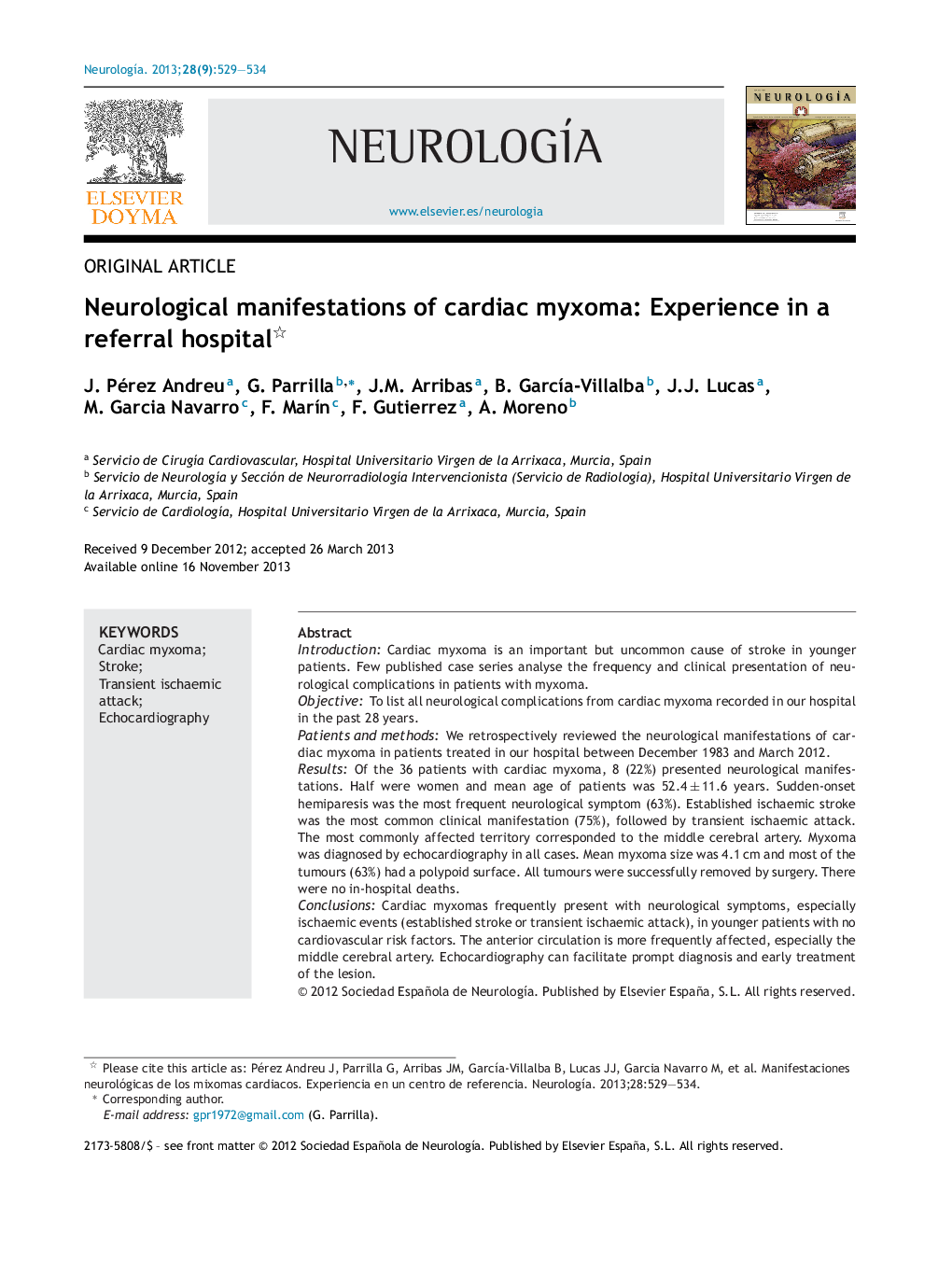 Neurological manifestations of cardiac myxoma: Experience in a referral hospital 