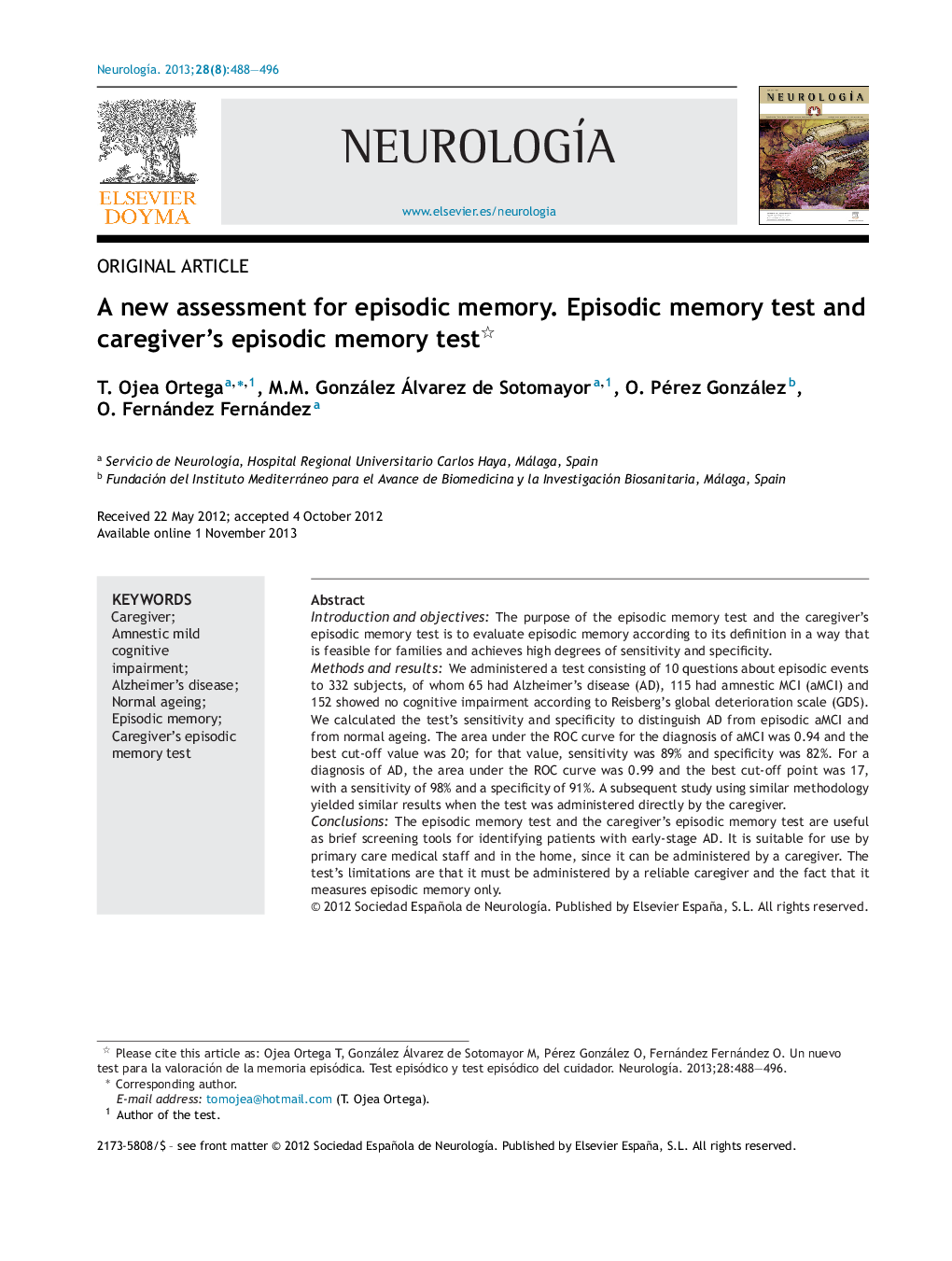 A new assessment for episodic memory. Episodic memory test and caregiver's episodic memory test 