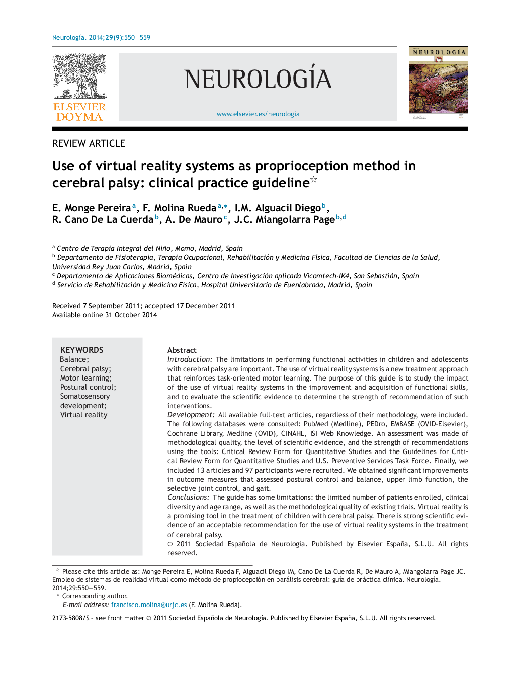 Use of virtual reality systems as proprioception method in cerebral palsy: clinical practice guideline 