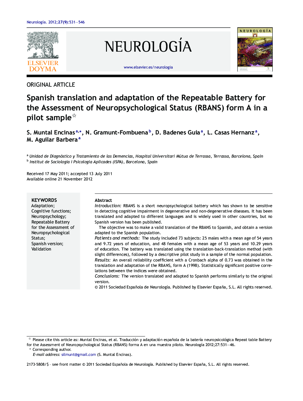 Spanish translation and adaptation of the Repeatable Battery for the Assessment of Neuropsychological Status (RBANS) form A in a pilot sample 