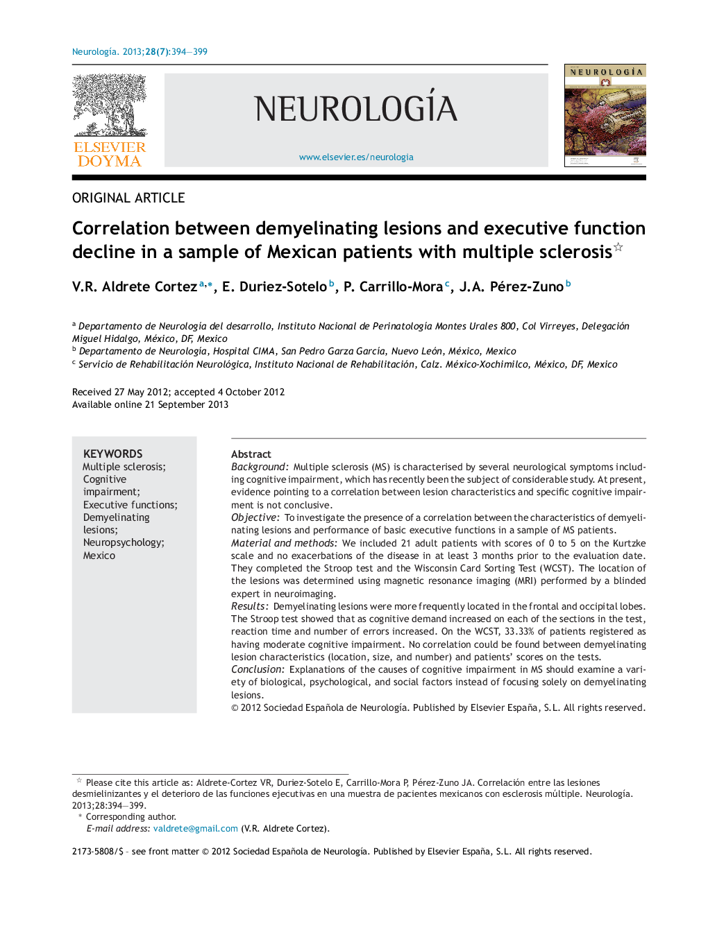 Correlation between demyelinating lesions and executive function decline in a sample of Mexican patients with multiple sclerosis 