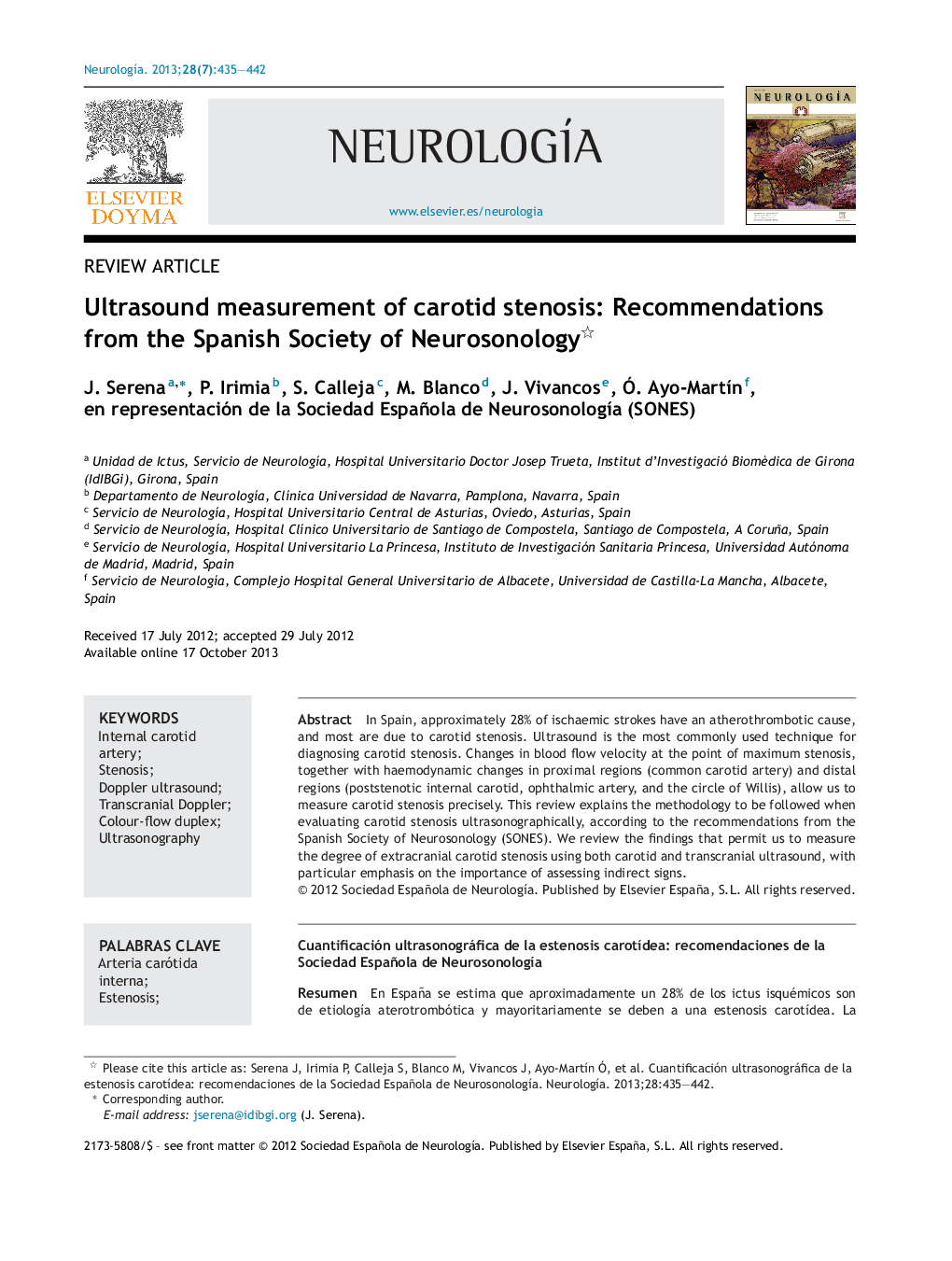 Ultrasound measurement of carotid stenosis: Recommendations from the Spanish Society of Neurosonology 